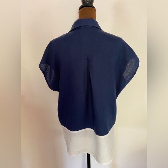 DKNY pure color block Navy and White linen collared shirt sleeve blouse - Picture 3 of 6